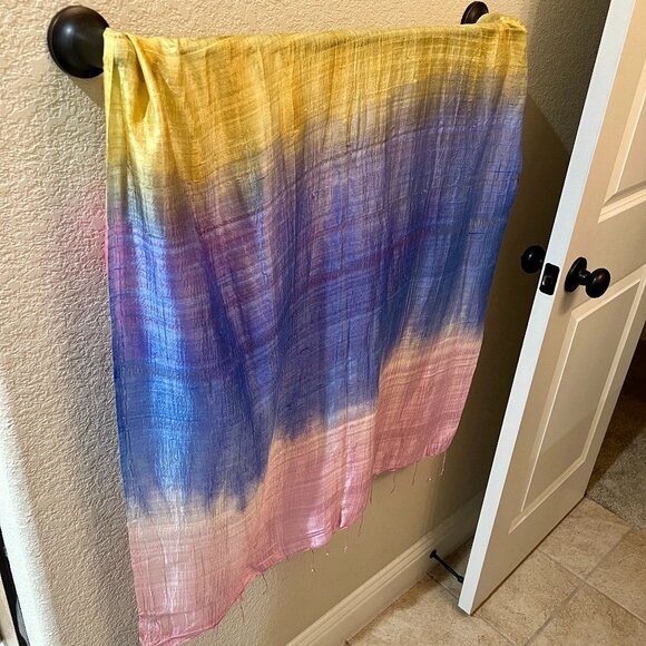Ombre Colorblock Pink Purple Yellow Turquoise Blue Silk Scarf - Picture 3 of 3